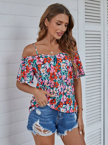 VCAY Women's Floral Print Slim Strap Casual Top, Minimalist Design For Everyday Wear