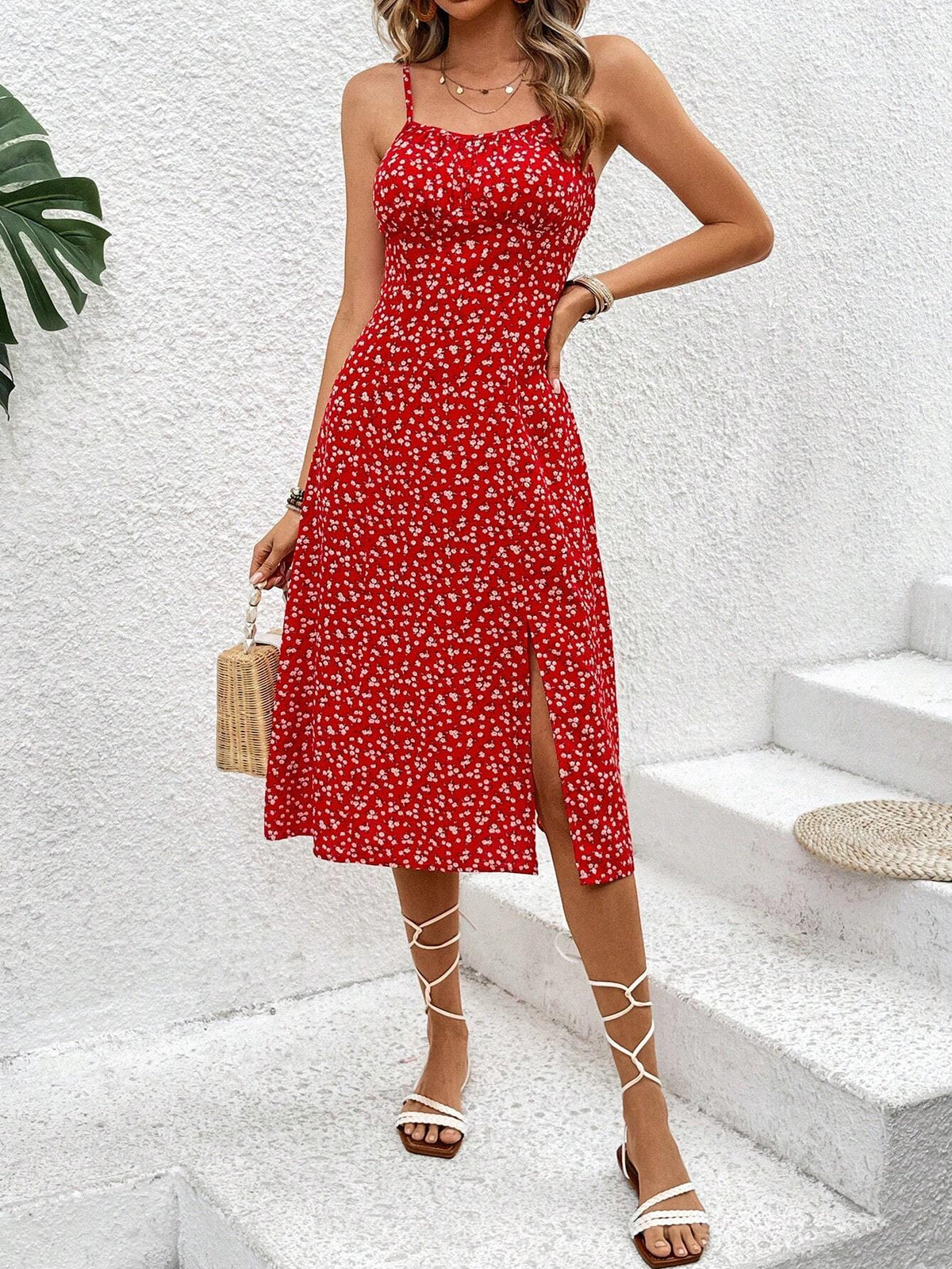 Women's Floral Print Spaghetti Strap Dress With Split Hem