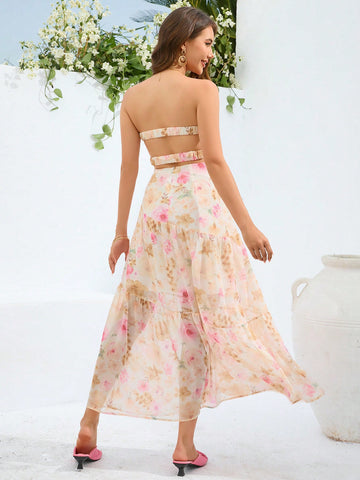 Women's Floral Print Strapless Dress With Ruffle Hem