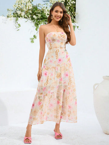 Women's Floral Print Strapless Dress With Ruffle Hem