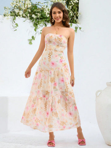 Women's Floral Print Strapless Dress With Ruffle Hem