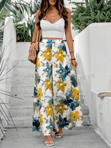 VCAY Women's Floral Print Super Wide-Leg Pants