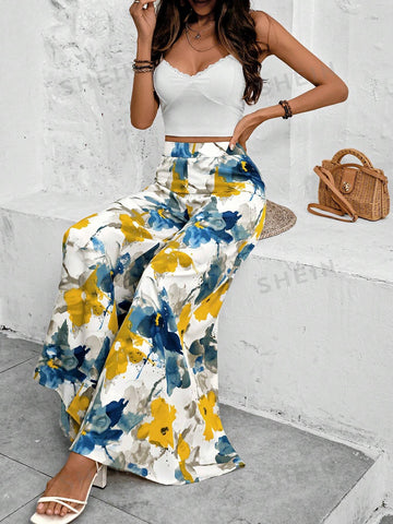 VCAY Women's Floral Print Super Wide-Leg Pants