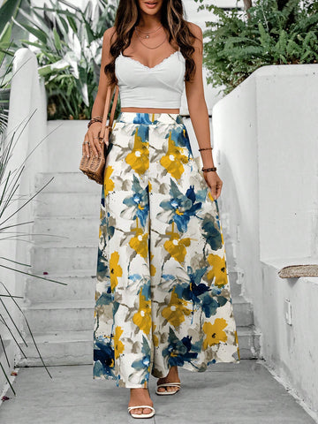 VCAY Women's Floral Print Super Wide-Leg Pants