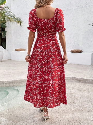 Women's Floral Print Sweetheart Neckline Slit Hem Dress