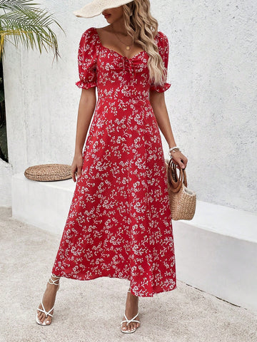 Women's Floral Print Sweetheart Neckline Slit Hem Dress