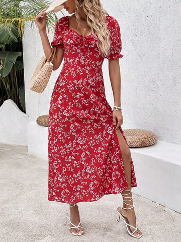 Women's Floral Print Sweetheart Neckline Slit Hem Dress