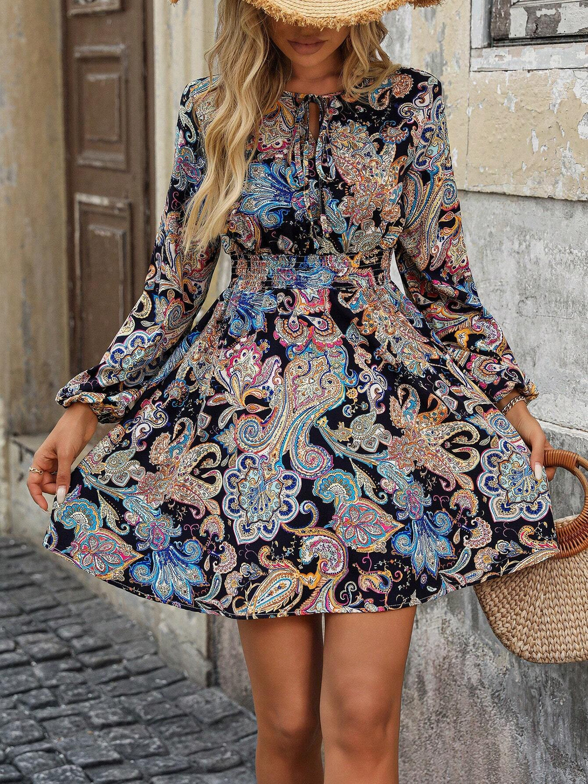Women's Floral Print Tie Neck Lantern Sleeve Mini Dress, Elegant Holiday Style