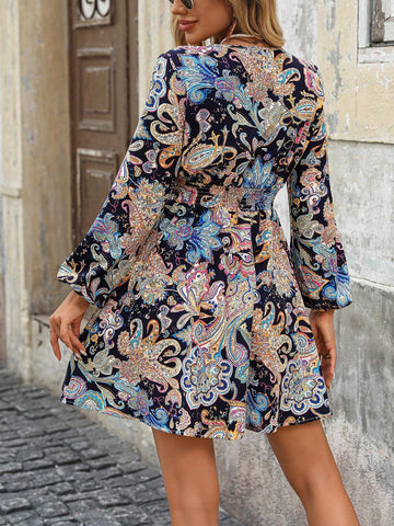 Women's Floral Print Tie Neck Lantern Sleeve Mini Dress, Elegant Holiday Style