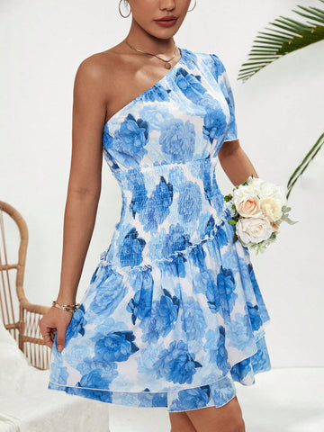 Women's Floral Print Waist Shirred One Shoulder Short Sleeve Dress