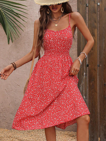 Women's Floral Print Waist Tie Halterneck Vacation Style Maxi Dress