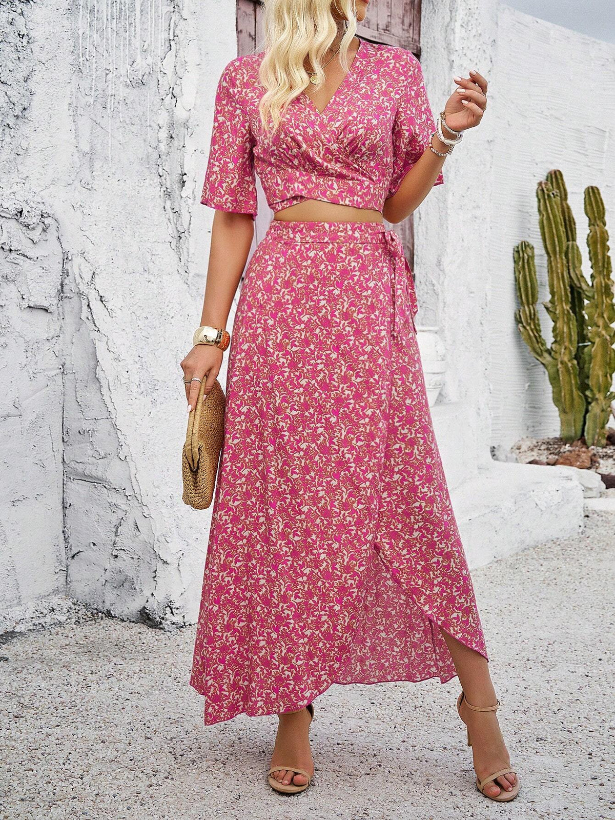 Women's Floral Print Wrap Top & Skirt Two-Piece Set