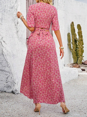 Women's Floral Print Wrap Top & Skirt Two-Piece Set