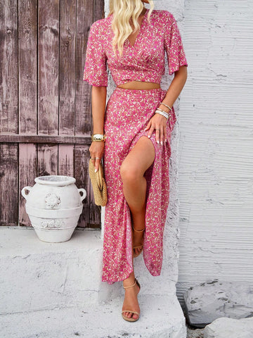 Women's Floral Print Wrap Top & Skirt Two-Piece Set