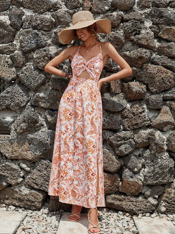 Women's Floral Printed Back Cross Strap Dress