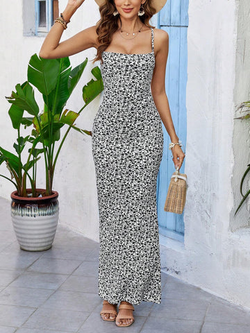 Women's Floral Printed Criss-Cross Backless Cami Dress