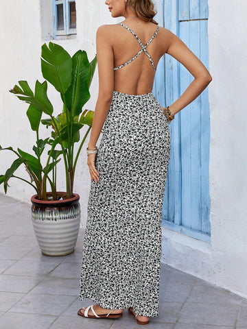Women's Floral Printed Criss-Cross Backless Cami Dress