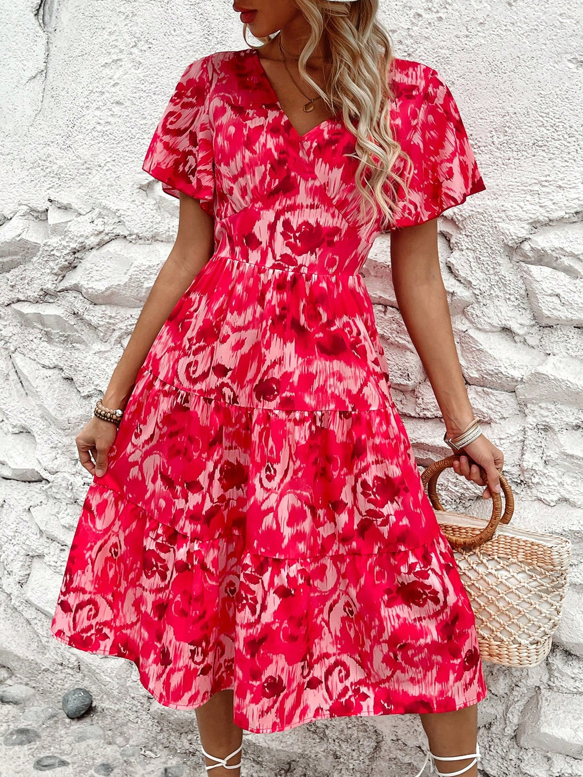 Women's Floral Printed Deep V-Neck Ruffled Short Sleeve Dress