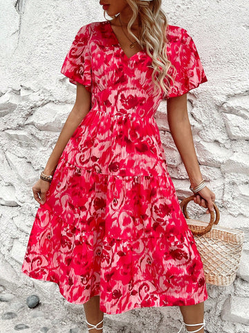 Women's Floral Printed Deep V-Neck Ruffled Short Sleeve Dress