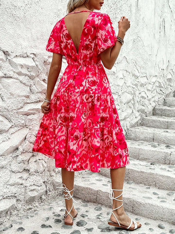 Women's Floral Printed Deep V-Neck Ruffled Short Sleeve Dress