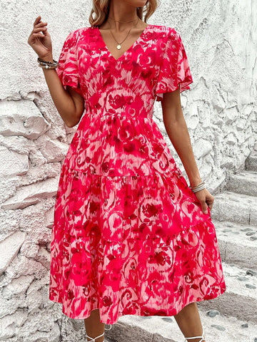 Women's Floral Printed Deep V-Neck Ruffled Short Sleeve Dress