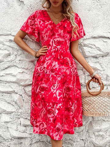 Women's Floral Printed Deep V-Neck Ruffled Short Sleeve Dress