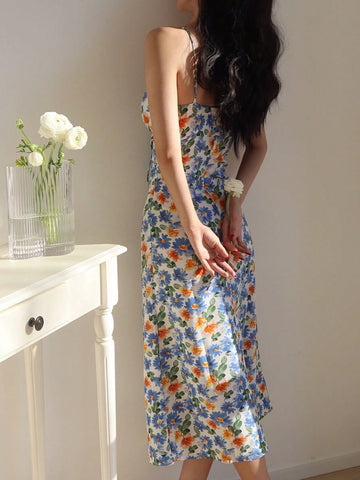Women's Floral Printed Drawstring Pleated Summer Spaghetti Strap Dress
