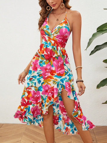 Women's Floral Printed Halter Neck Dress With Ruffled Hem And Slit