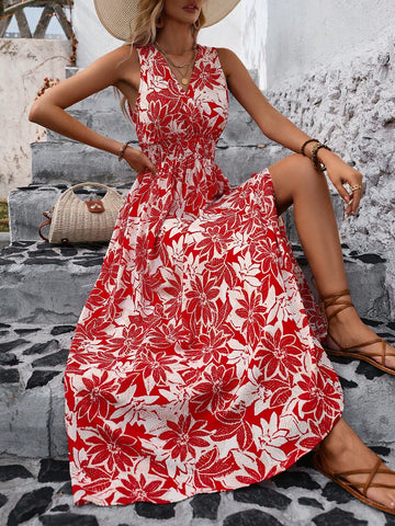 Women's Floral Printed High Slit Sleeveless Dress