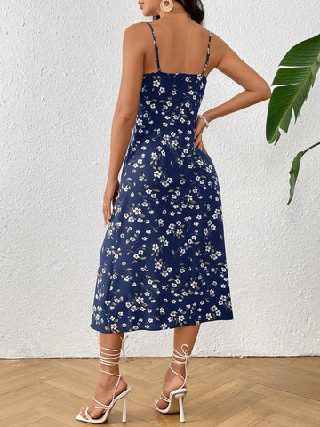 Women's Floral Printed Ruffle Chest Slit Thigh High Summer Sundress