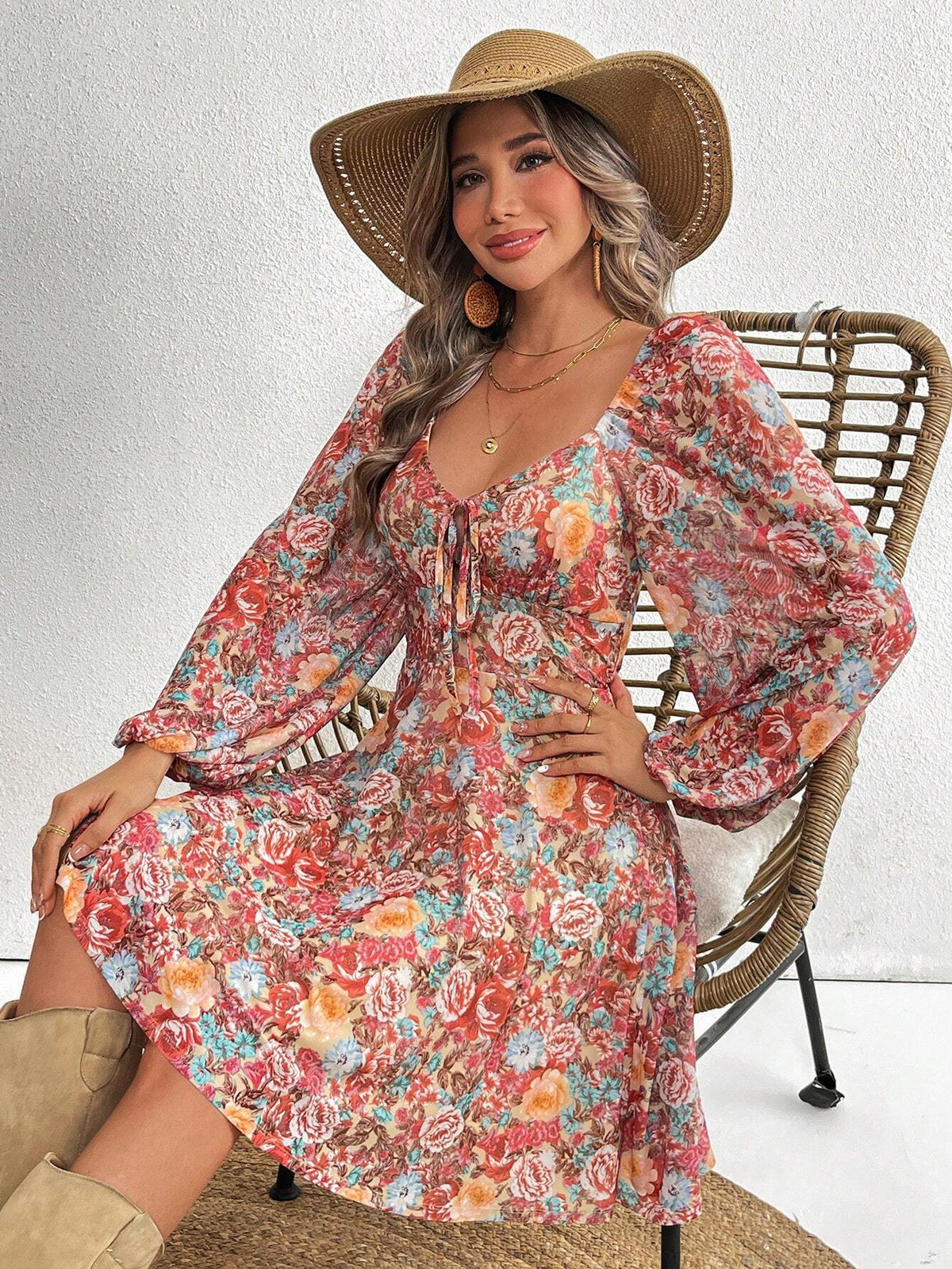 Women's Floral Printed Ruffled Neck Lantern Sleeve Elegant Short Dress, Vacation Style
