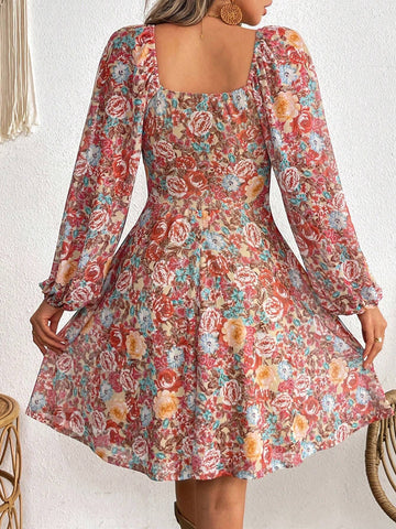 Women's Floral Printed Ruffled Neck Lantern Sleeve Elegant Short Dress, Vacation Style