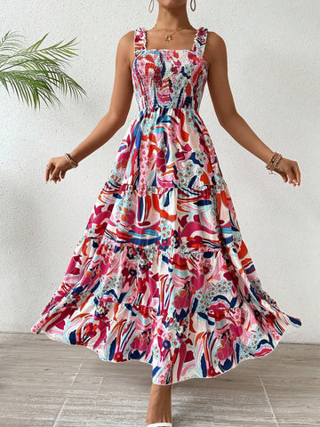Women's Floral Printed Shirred Frill Hem Cami Dress