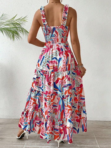 Women's Floral Printed Shirred Frill Hem Cami Dress