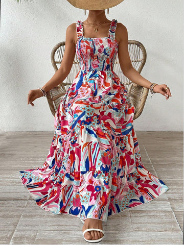 Women's Floral Printed Shirred Frill Hem Cami Dress