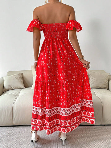 Women's Floral Printed Strapless Shirred Dress For Resort