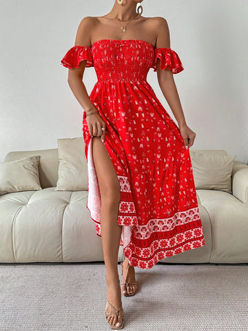 Women's Floral Printed Strapless Shirred Dress For Resort
