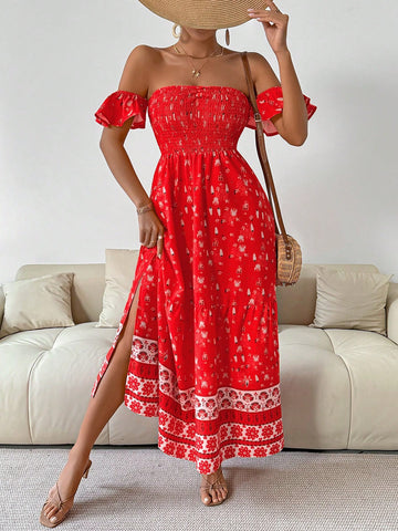 Women's Floral Printed Strapless Shirred Dress For Resort