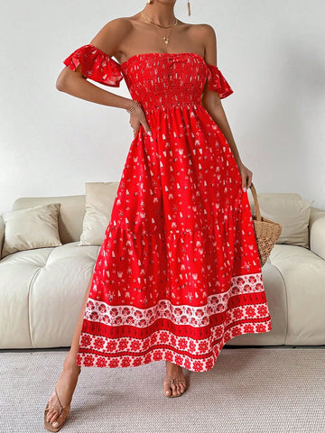 Women's Floral Printed Strapless Shirred Dress For Resort
