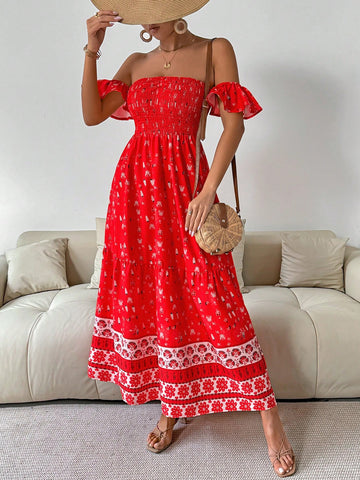 Women's Floral Printed Strapless Shirred Dress For Resort