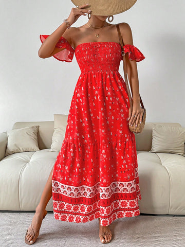 Women's Floral Printed Strapless Shirred Dress For Resort
