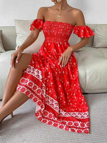 Women's Floral Printed Strapless Shirred Dress For Resort