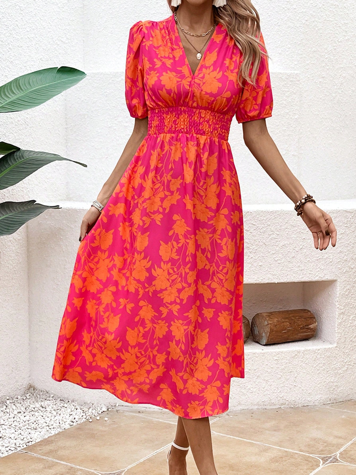 Women's Floral Printed Waist-Tie Short Puff Sleeve Bubble Dress