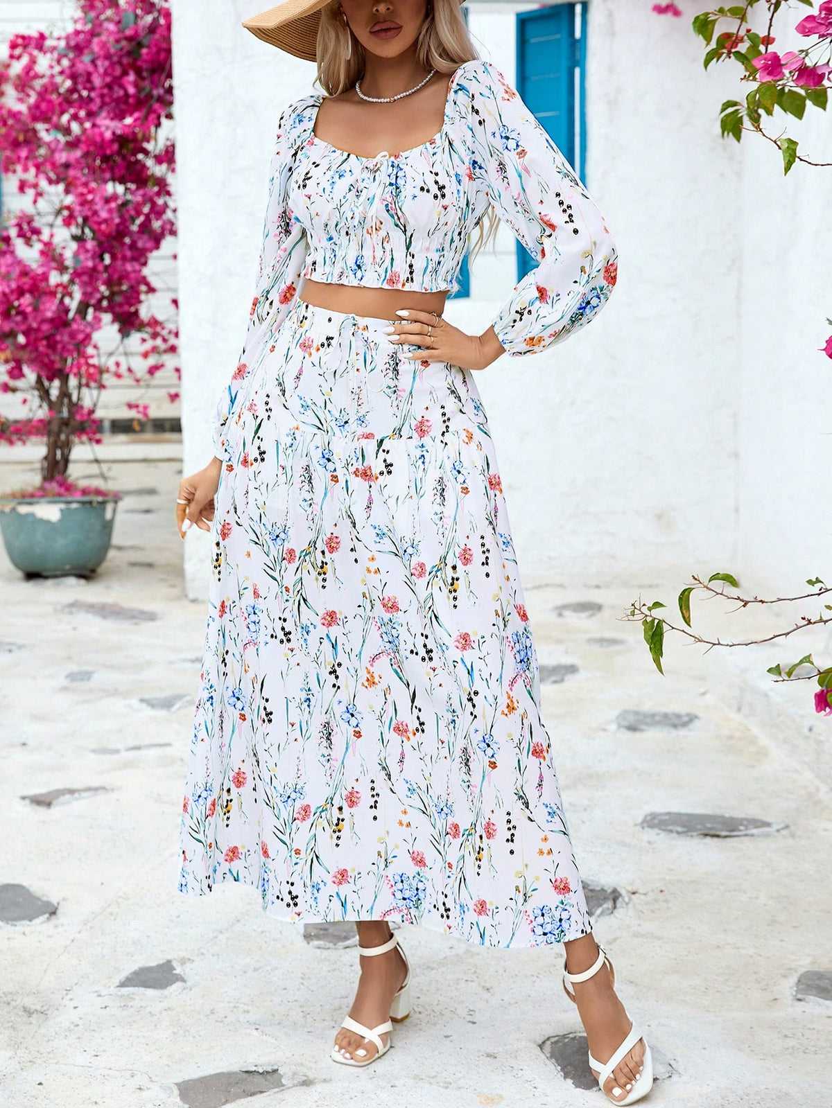 Women's Floral Printed Wrap Long Sleeve Crop Top And Skirt Set For Vacation