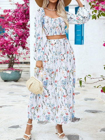 Women's Floral Printed Wrap Long Sleeve Crop Top And Skirt Set For Vacation