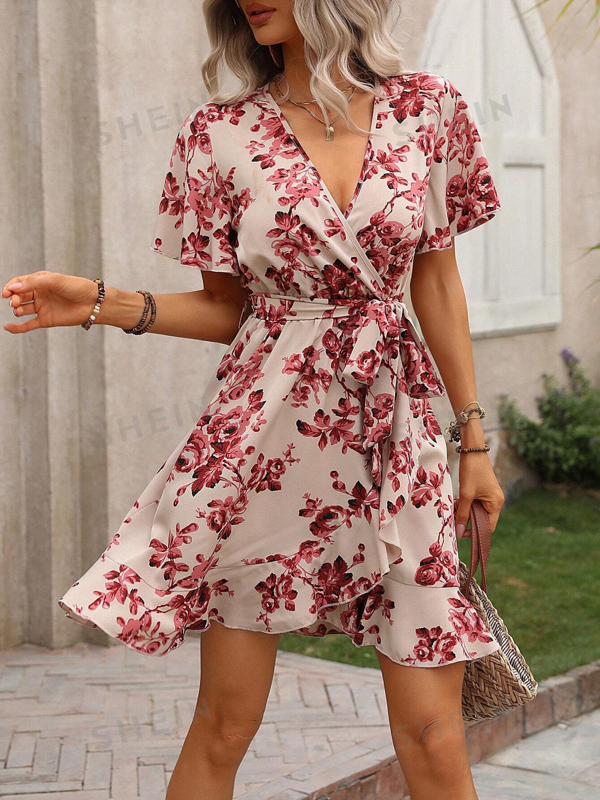Women's Floral Printed Wrap Neck Short Sleeve Dress