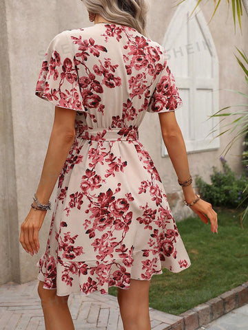 Women's Floral Printed Wrap Neck Short Sleeve Dress