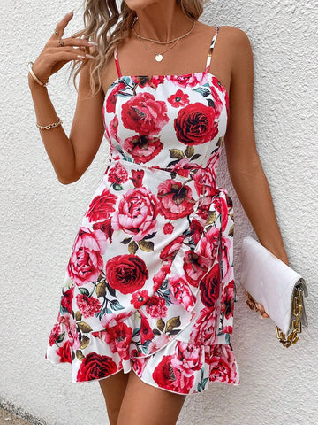 Women's Floral Printed Wrap V-Neck Spaghetti Strap Dress With Ruffle Hem And Belt