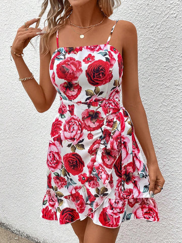 Women's Floral Printed Wrap V-Neck Spaghetti Strap Dress With Ruffle Hem And Belt