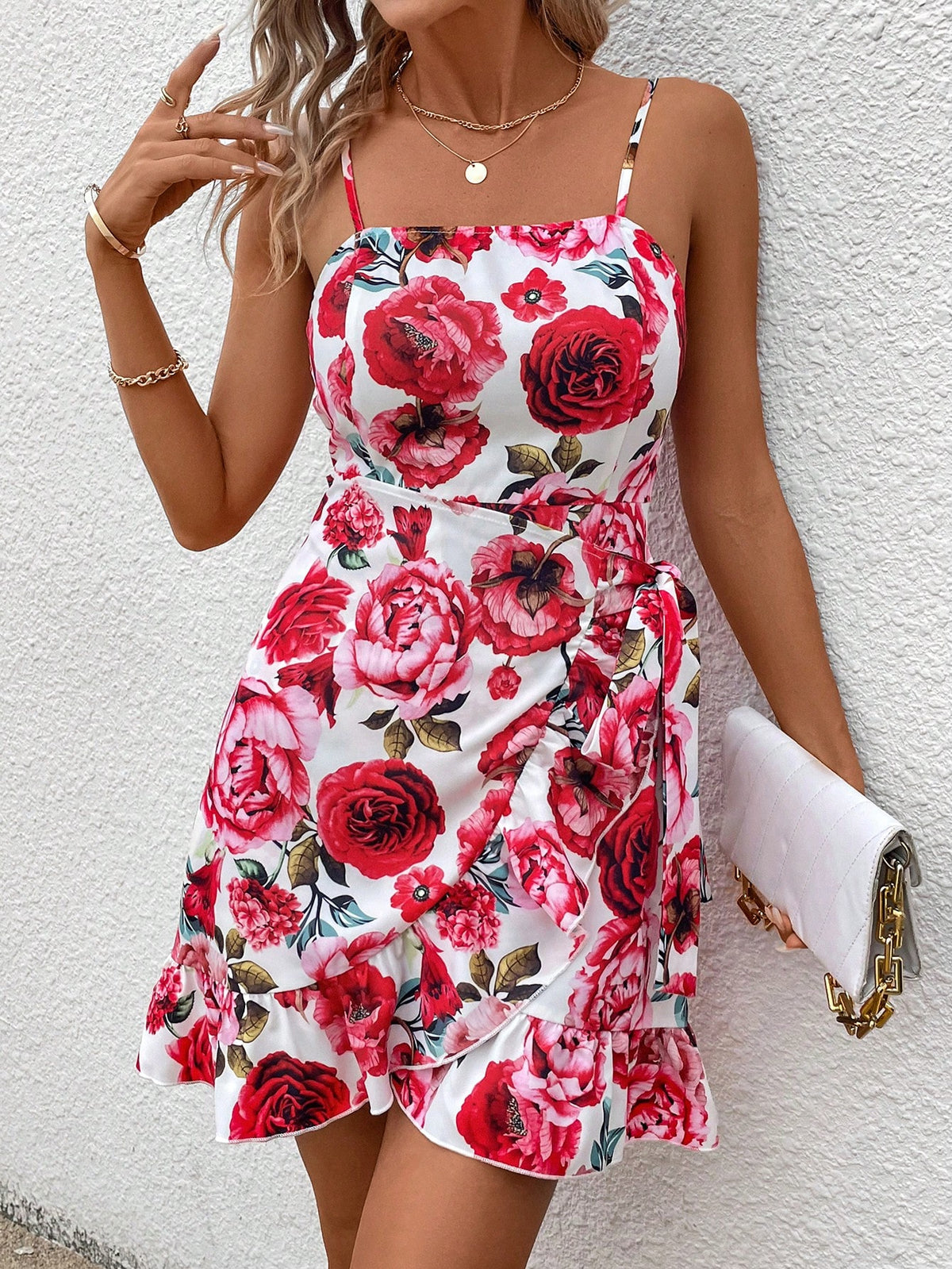 Women's Floral Printed Wrap V-Neck Spaghetti Strap Dress With Ruffle Hem And Belt